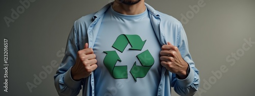 Young asian male promoting environmental sustainability with recycling symbol shirt photo