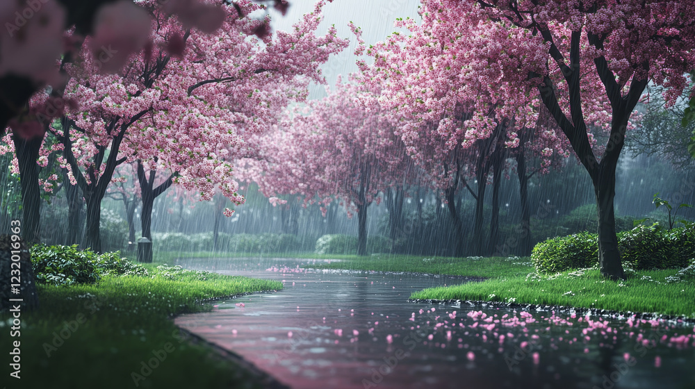 Naklejka premium Japanese cherry rainy garden with sakura blossom. Spring landscape of park with green grass glade with puddle, chinese cherry trees with falling pink flower petals, vector cartoon illustration