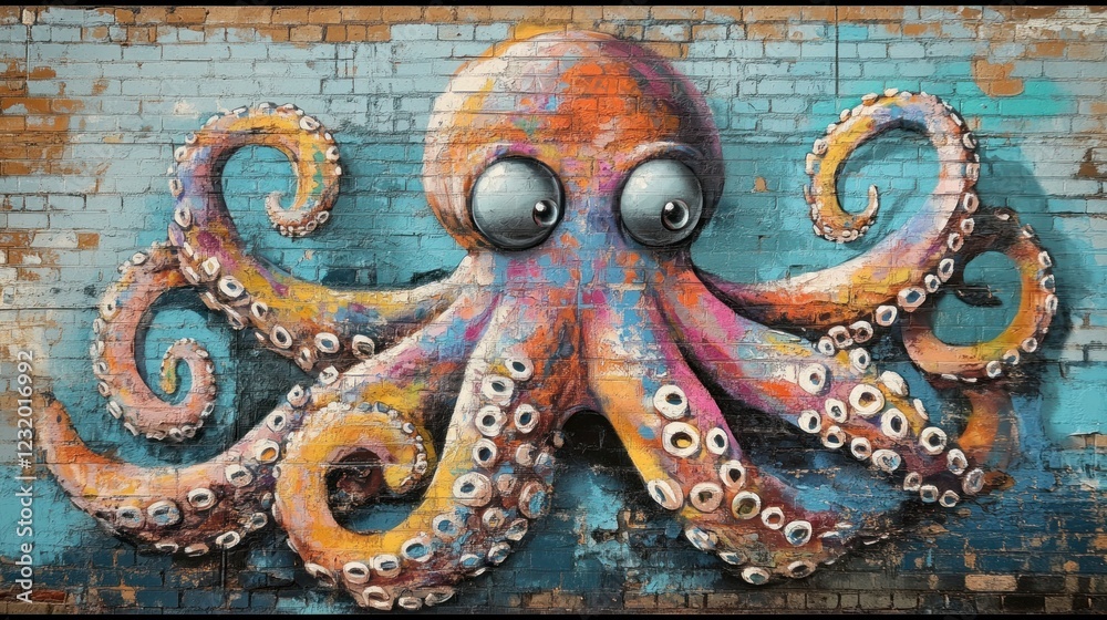 Obraz premium Vibrant Octopus Graffiti Art on Old Brick Wall with Colorful Tentacles and Playful Eyes