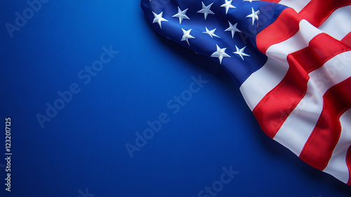 US flag lying on dark blue studio background with copy text photo