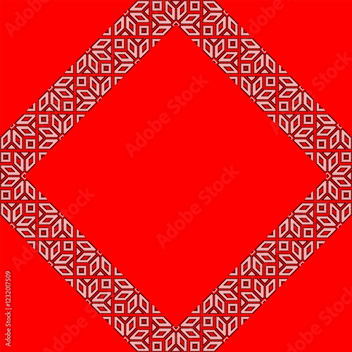 Vector illustration frame for text of Ukrainian ornament in ethnic style, identity, vyshyvanka, embroidery for print clothes, websites, banners. Background. Geometric design, border, copy space, frame