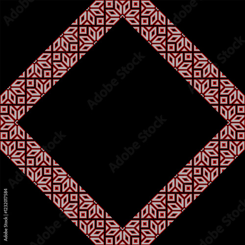 Vector illustration frame for text of Ukrainian ornament in ethnic style, identity, vyshyvanka, embroidery for print clothes, websites, banners. Background. Geometric design, border, copy space, frame