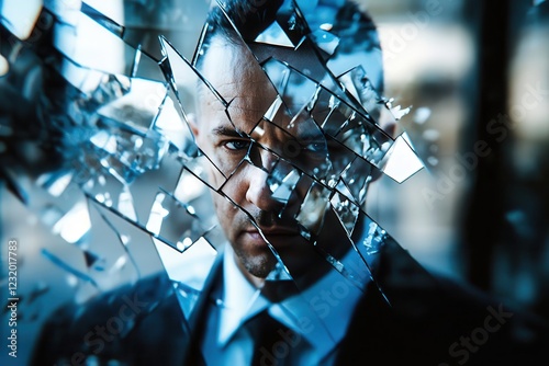 dramatic urban portrait of a businessman reflected in fractured mirror shards, creating kaleidoscopic effect, moody lighting with blue undertones photo