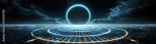 Futuristic digital landscape virtual realm 3d graphics cyber environment wide angle conceptual art