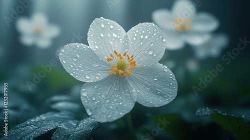 Skeleton Flower, Diphylleia Grayi Close Up with Dew in a Misty Forest