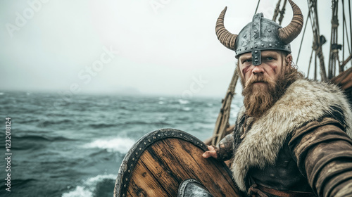 Viking character with sword and shield on wooden deck of boat. Vector cartoon illustration of medieval scandinavian warrior in horned helmet on drakkar. Man viking on wooden ship in sea photo