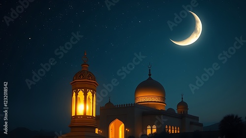 ramadan golden lantern, moonlit mosque sky photo