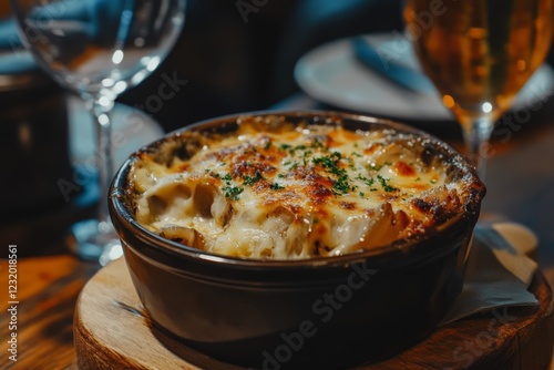 A close-up of a bowl of French onion soup with a cheesy crust photo