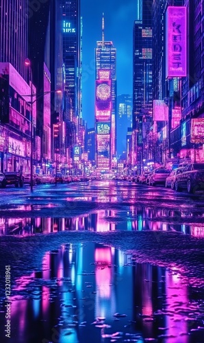 Neon-lit city street at night with reflections in puddles, ideal for urban or futuristic themes