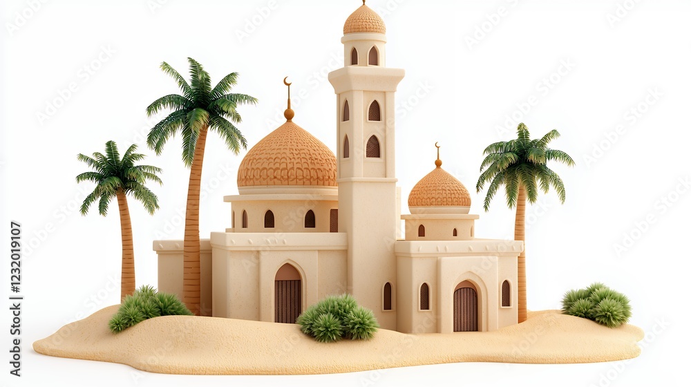 Naklejka premium Serene Desert Mosque Miniature Model Architectural Details and a Tranquil Oasis Setting