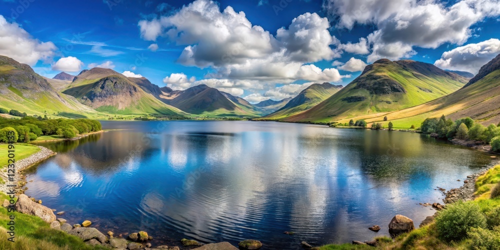 Panoramic view of Wast Water lake surrounded by majestic mountains and lush greenery in the Lake District National Park on a sunny summer day , mountains, summer Panoramic view of Wast Water lake surrounded by majestic mountains and lush greenery in the Lake District National Park on a sunny summer day , mountains, summer