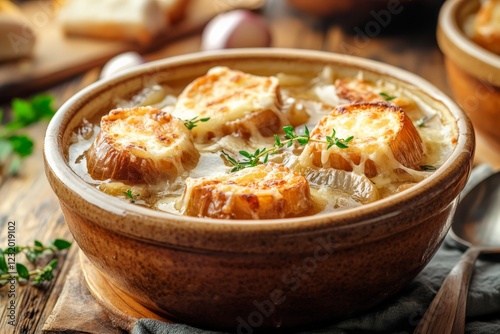 A close-up of a bowl of French onion soup with a cheesy crust photo