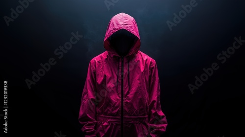 A mysterious figure dressed in a pink hooded overall and a black mask stands against a dark background. photo