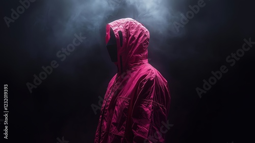 A mysterious figure dressed in a pink hooded overall and a black mask stands against a dark background. photo