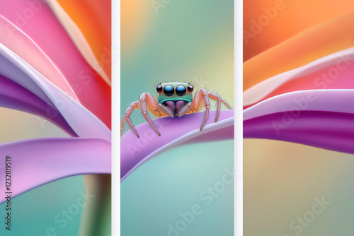 Arachnid abstract background, Jumping Spider inspired triptych, close up macro portrait on geometric panels photo