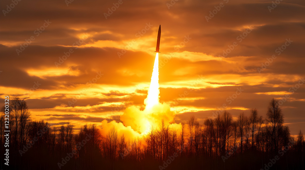 Obraz premium Missile launch at sunset, forest background. Military power concept