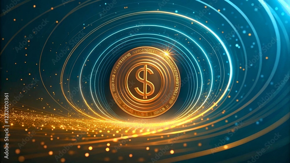 Fototapeta premium Glowing Dollar Sign Surrounded by Bright Particles and Light Trails in Blue Background