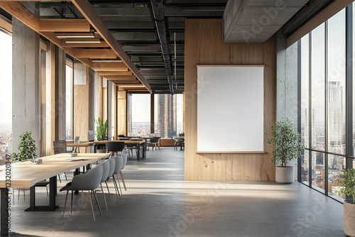 Modern office interior with large windows, wooden wall, and blank poster.