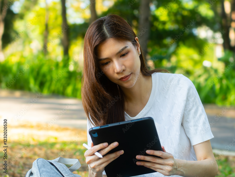 Young Asian female Student in casual clothes sits under the sunlight in a park, using her tablet for research and studying online, e-learning, working on her homework sitting outdoor in a public park. Young Asian female Student in casual clothes sits under the sunlight in a park, using her tablet for research and studying online, e-learning, working on her homework sitting outdoor in a public park.
