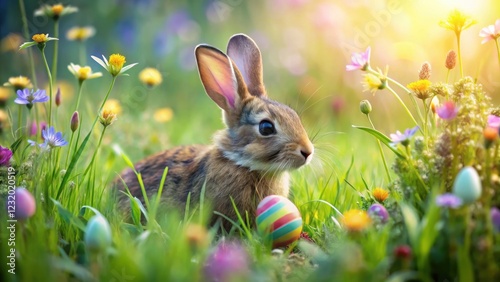 A playful bunny hops through a lush meadow filled with tall grasses and vibrant wildflowers, pausing to sniff or nibble on an Easter egg in the process , spring, bunny photo