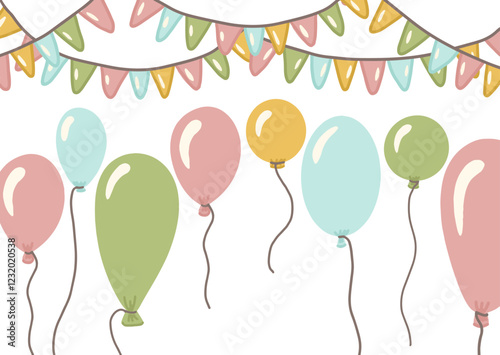 Hand drawn colorful balloons and festive garlands background create a cheerful atmosphere for celebrations vector illustration