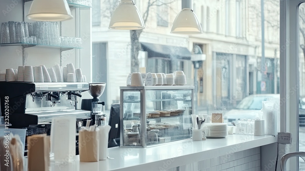 Modern Coffee Shop Counter With Espresso Machine and Pastries Modern Coffee Shop Counter With Espresso Machine and Pastries