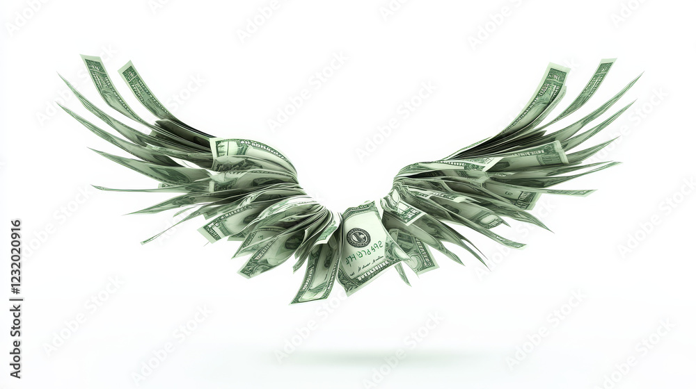 Obraz premium 3d render flying banknotes with wings, isolated money set. Green dollars on white background. Twisted paper bills and currency banknotes birds. Business and finance success, casino. 3D Illustration