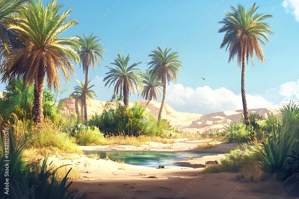 Obraz premium Oasis in the Desert: Lush Oasis by Palm Trees