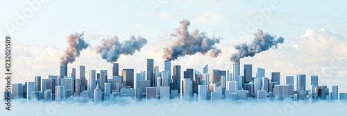 A panoramic view of a city skyline with buildings and smoke rising, indicating industrial activity and air pollution.
