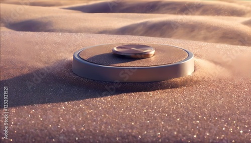 An advanced robotic vacuum cleaner perched on a sandy terrain, highlighted by glistening dust particles. The interplay of light creates a striking visual of modern cleaning technology photo