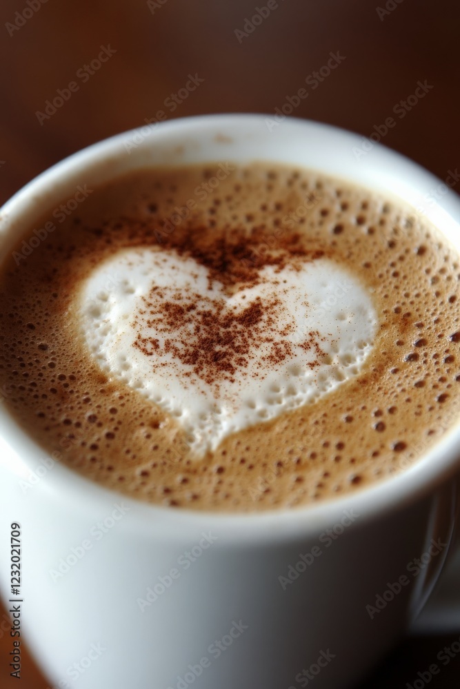 A close-up of a cappuccino with heart-shaped foam in a white cup A close-up of a cappuccino with heart-shaped foam in a white cup