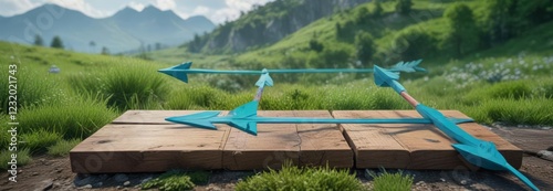 Colorful arrows on a wooden plank rising from the ground amidst a blue-green landscape, landscape, wood