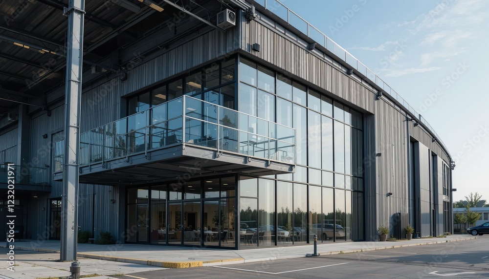 fContemporary Warehouse Office Exterior Featuring Sleek Steel and Glass, Embodying Industrial Chic Design and Modern Aesthetics. fContemporary Warehouse Office Exterior Featuring Sleek Steel and Glass, Embodying Industrial Chic Design and Modern Aesthetics.