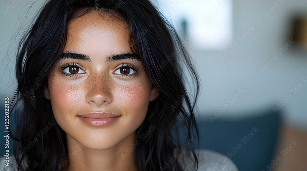Woman smiling, indoor portrait, blurred background, beauty shot Woman smiling, indoor portrait, blurred background, beauty shot