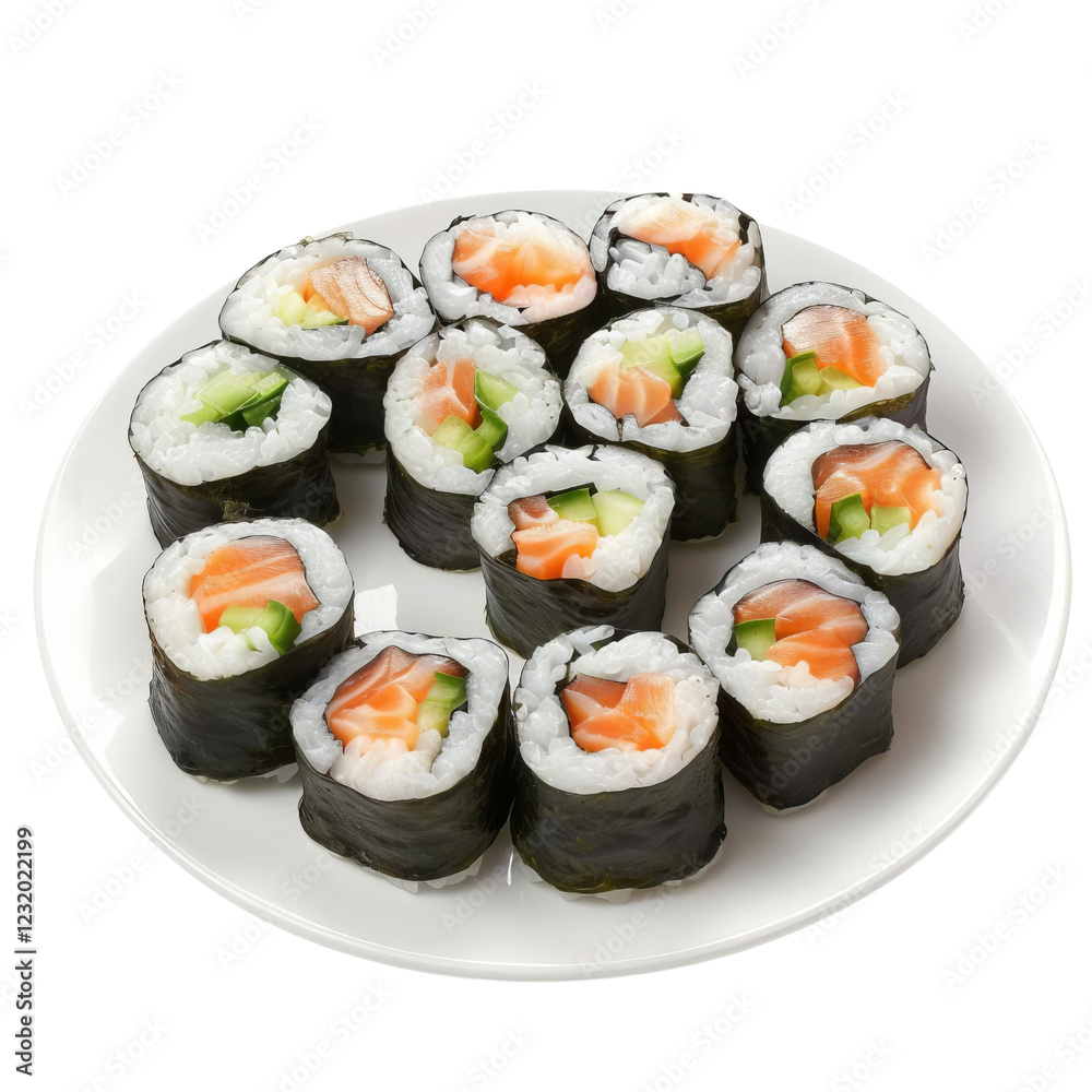 Plate of fresh sushi rolls with salmon, cucumber, and rice wrapped in seaweed, perfect for a Japanese cuisine presentation. Plate of fresh sushi rolls with salmon, cucumber, and rice wrapped in seaweed, perfect for a Japanese cuisine presentation.