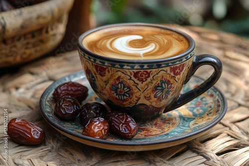 A warm cup of coffee with beautiful latte art in the shape of a crescent moon, accompanied by dry dates on a saucer, set perfectly for iftar time. photo