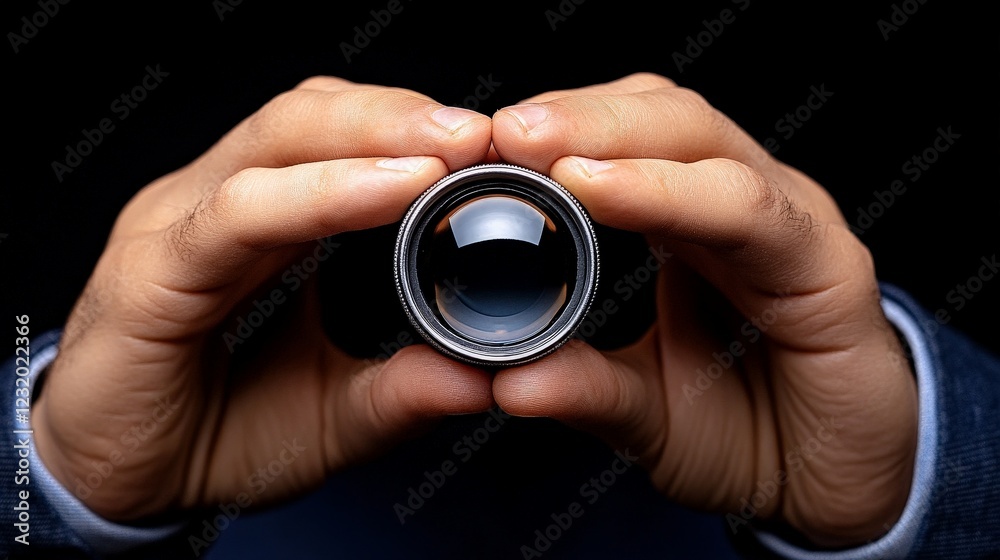 Focused Vision: A close-up shot of a person's hands holding a lens, creating a symbolic view. The hands frame the lens against a dark backdrop, representing clarity, focus, and observation. Focused Vision: A close-up shot of a person's hands holding a lens, creating a symbolic view. The hands frame the lens against a dark backdrop, representing clarity, focus, and observation.