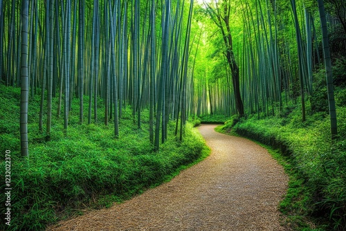 Dense bamboo forest with a winding path leading deeper into the greenery, under a soft, dappled light filtering through the tall stalks, creating a serene and peaceful atmosphere.