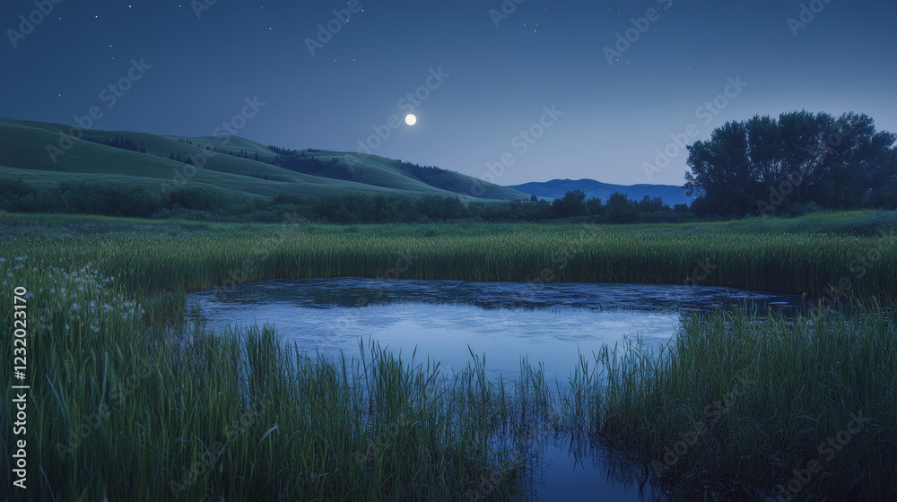 Fototapeta premium Meadow with grass, pond, conifers and hills on horizon at night. Vector illustration of summer landscape of field or pasture with plants, lake, full moon and stars in dark sky