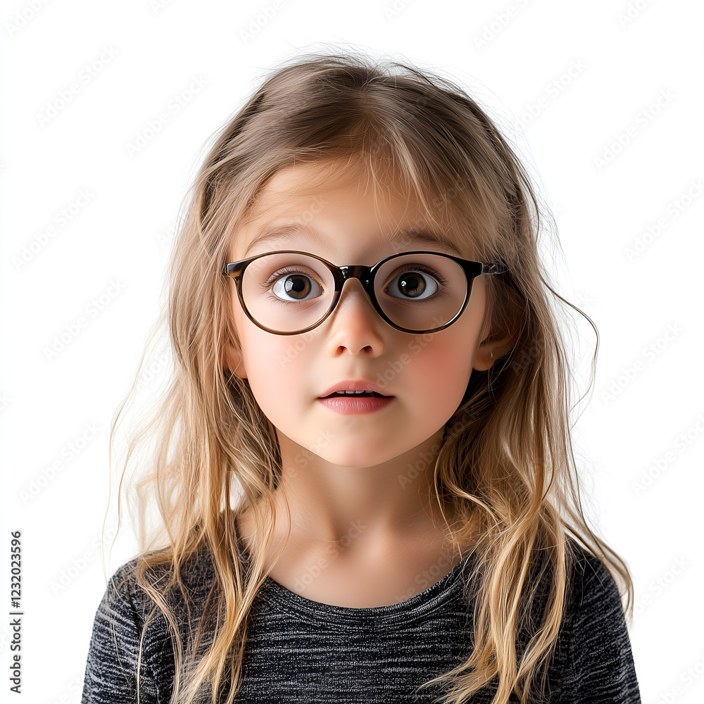 Adorable little girl with blonde hair wearing round eyeglasses, curious and expressive, portrait shot Adorable little girl with blonde hair wearing round eyeglasses, curious and expressive, portrait shot