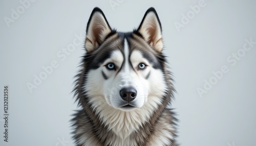 , fMajestic Siberian Husky Portrait Against Stark White Backdrop, Capturing Beauty and Character of the Breed.u photo
