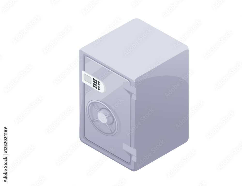 Isometric metal safe with a combination dial and keyhole. Smooth gray surface. Sturdy and compact design with a strong locking mechanism. Vector illustration isolated on white background Isometric metal safe with a combination dial and keyhole. Smooth gray surface. Sturdy and compact design with a strong locking mechanism. Vector illustration isolated on white background