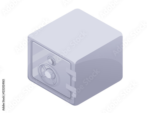 Isometric sturdy metal safe with a combination dial lock. Rectangular shape. Gray surface with shading. Secure storage unit with reinforced corners. Vector illustration isolated on white background