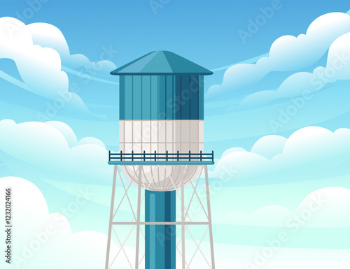Blue water tower with a striped design and metal framework. Cylindrical top elevated by steel beams. Vector illustration with cloud sky background