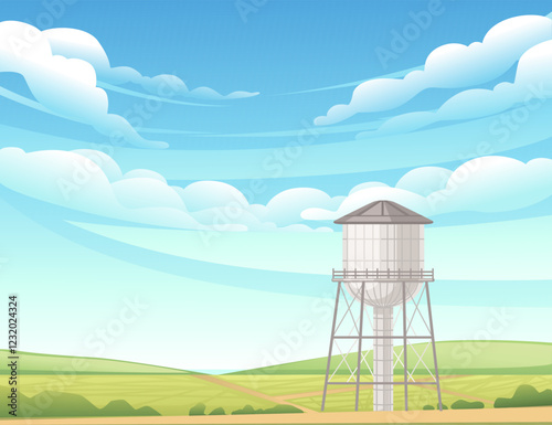 Large, metallic water tower with a cylindrical tank and reinforced steel framework. Tall elevated structure for water storage. Vector illustration with rural landscape background