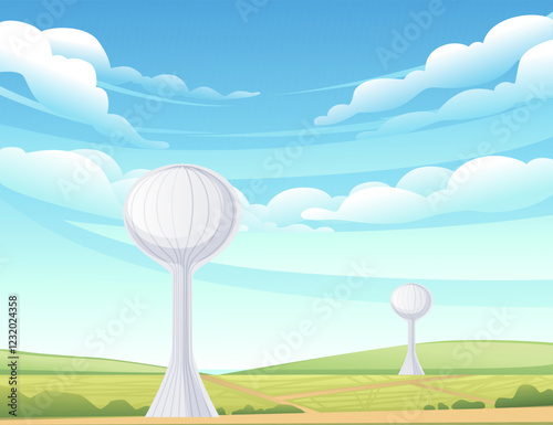 Tall, slim white water tower with a rounded top. Minimalist, clean design with a smooth surface. Vector illustration with rural landscape background