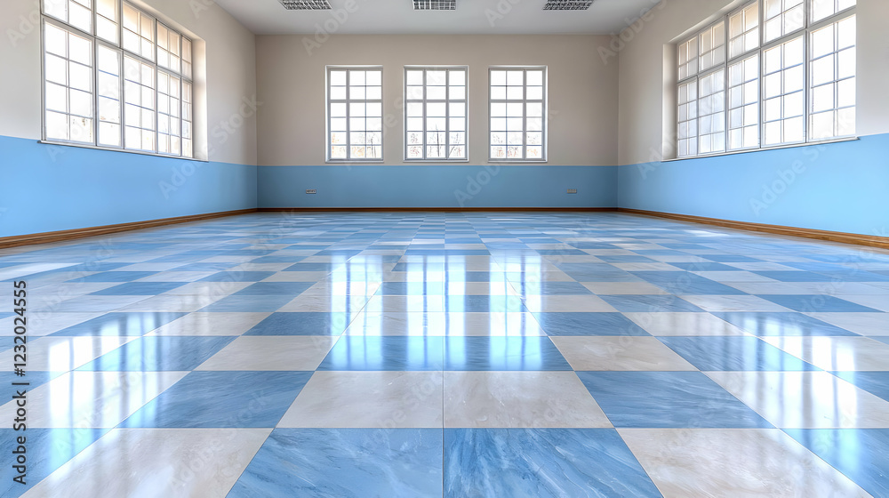 Obraz premium Empty classroom with checkered floor, ample light