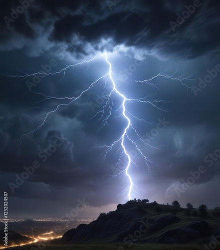 Vivid blue thunderstorm lightning bolt overhead, rumble, fast, extreme photo