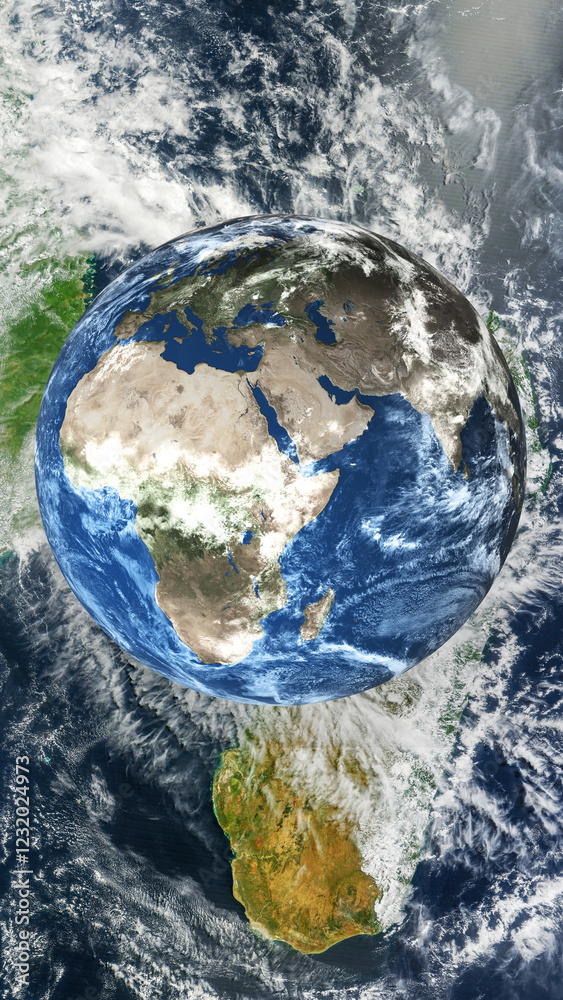 A satellite view of Earth featuring an overlaid image of the globe, highlighting Africa, Europe, and Asia. Vertical 3d rendered illustration. Elements of this image were furnished by NASA