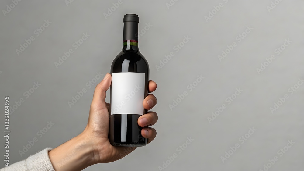 Hand holding red wine bottle with blank white label mockup branding on white wall. Empty sticker for advertisement, alcohol business promotion, beverage drink brand Hand holding red wine bottle with blank white label mockup branding on white wall. Empty sticker for advertisement, alcohol business promotion, beverage drink brand